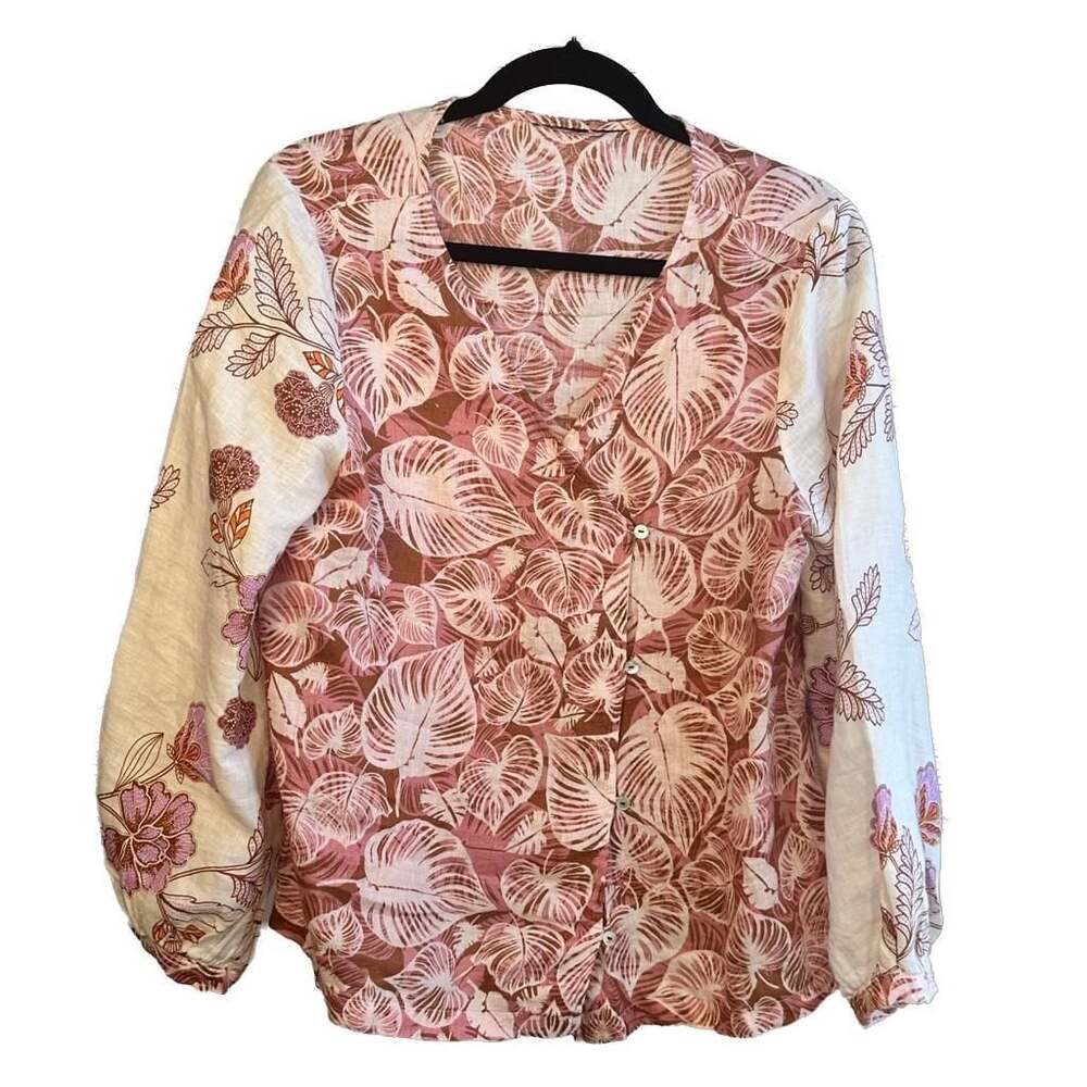 Tahari Women's 100% Linen Pink Floral Button Up V-Neck Long Sleeve Blouse